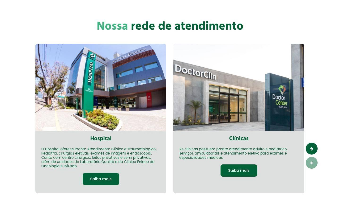 Seção Nossa rede de atendimento com cards de hospital e clínicas