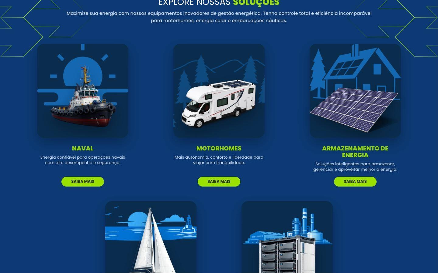 Seção Explore nossas soluções com cards ilustrados por segmento